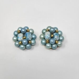 VINTAGE  BLUE AND GOLD CLIP-ON BEAD EARRINGS